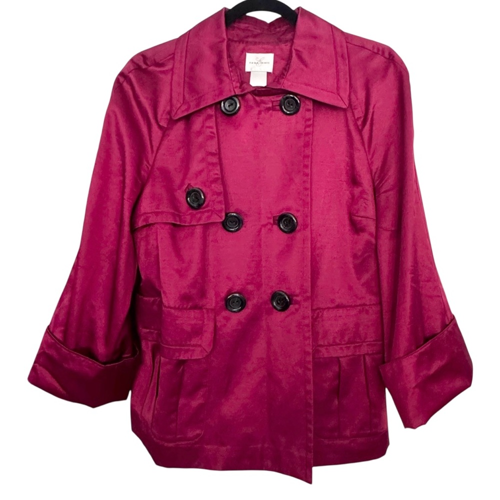 Emma James Size 10 Burgundy Double Breasted Jacket Pockets Polyester-Rayon NWOT